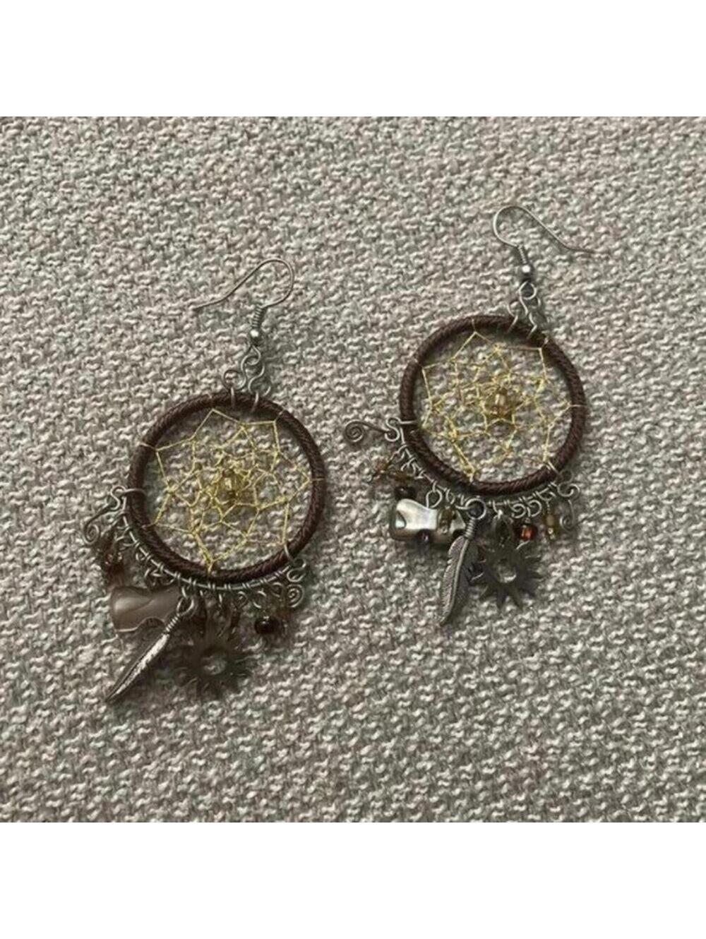 Boho Brown Dream Catcher Charm Dangle Earrings